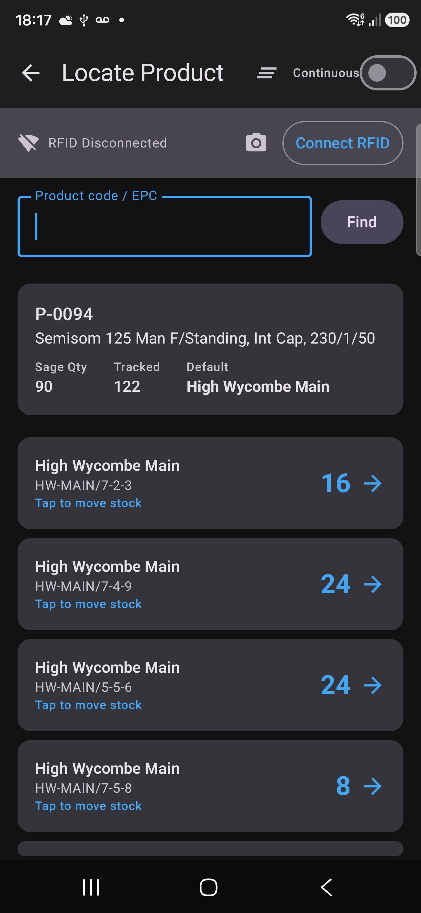 Gun app Locate Product result for P-0094 showing Sage quantity 90, tracked quantity 122, default warehouse, and four High Wycombe Main bins holding 16, 24, 24 and 8 units, each tappable to move stock