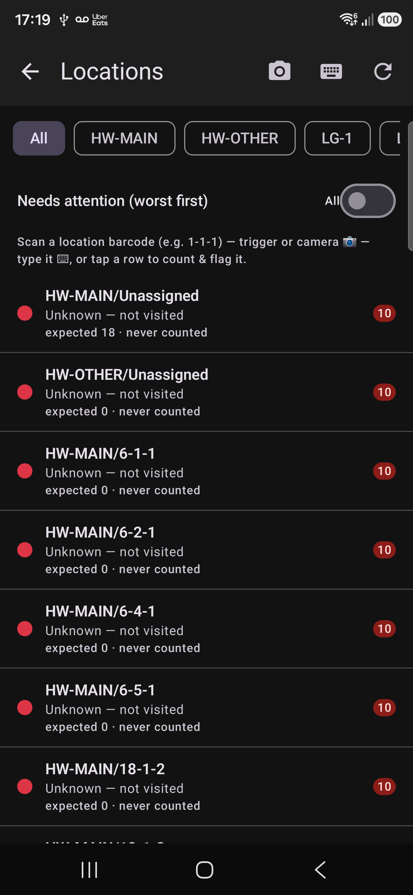 Gun app Locations screen showing a list of bins flagged red as unknown, not visited, expecting a count