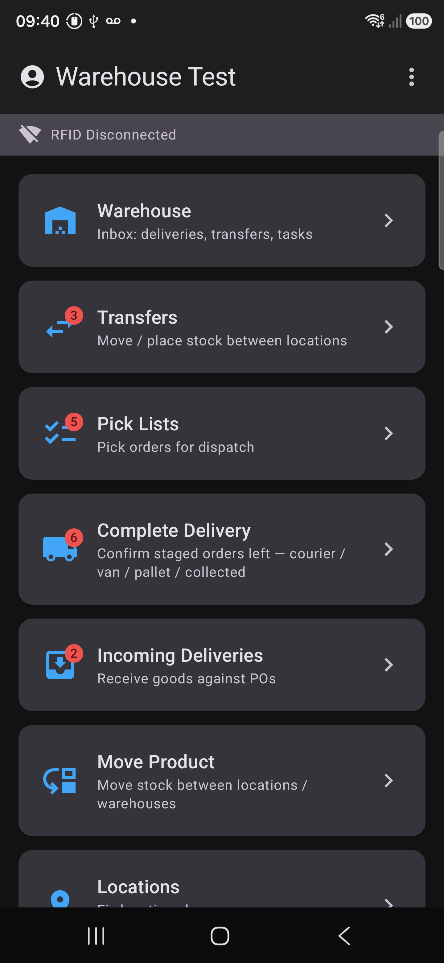 The app running on a Samsung Galaxy S24: a home screen listing Warehouse, Transfers, Pick Lists, Complete Delivery, Incoming Deliveries, Move Product and Locations, each with a count of outstanding jobs, above a banner reading RFID Disconnected