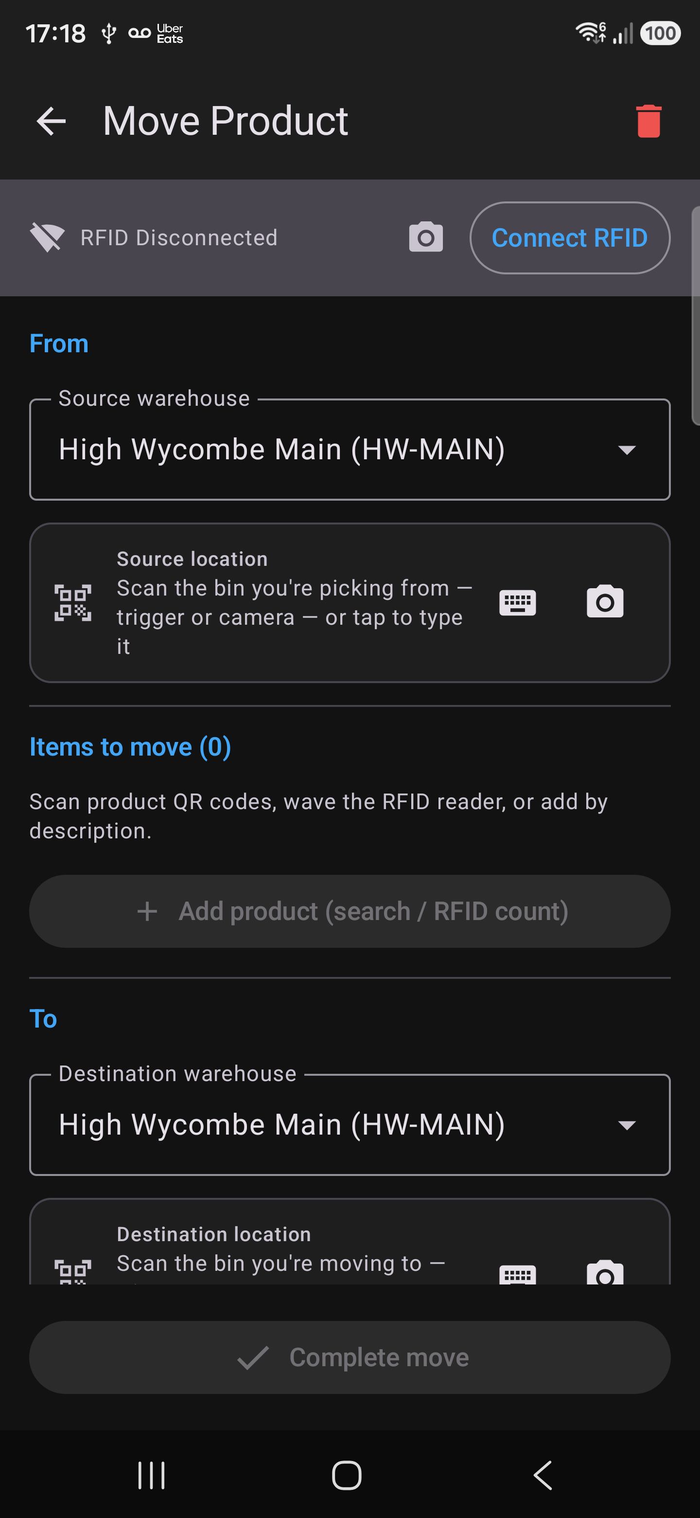 Gun app Move Product screen showing source and destination warehouse pickers and a scan prompt for source location