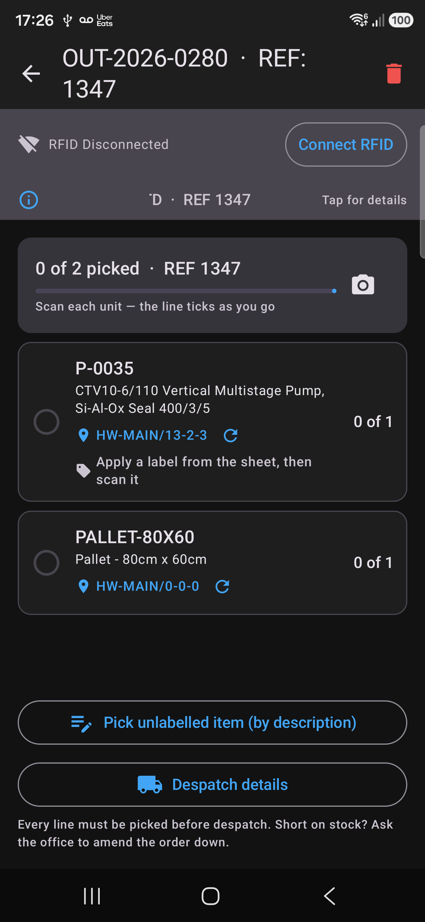 Gun app picking screen showing zero of two units picked for an order, with product P-0035 and a pallet line, each showing its bin location