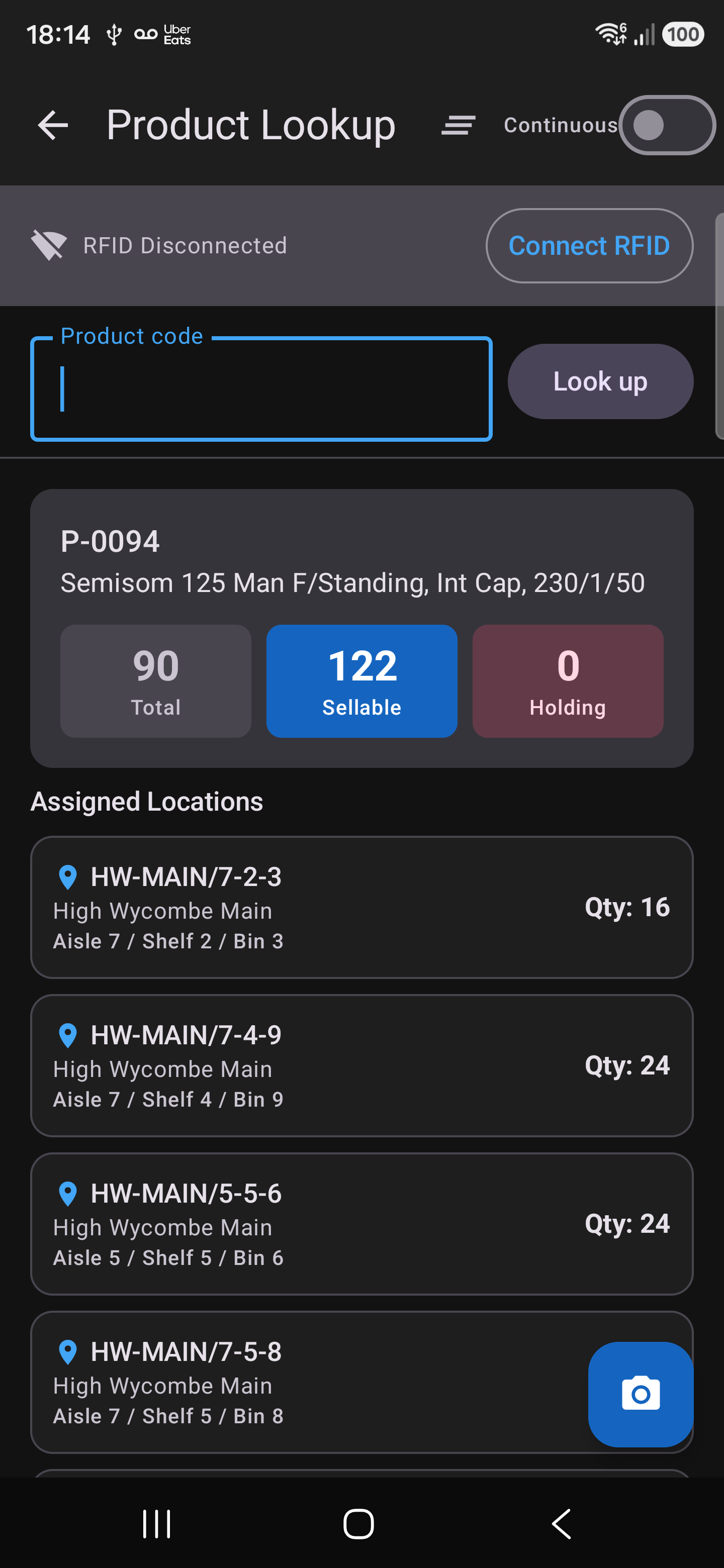 Gun app Product Lookup result for P-0094 showing 90 total, 122 sellable, 0 holding, and assigned locations listing aisle, shelf and bin with quantity for each