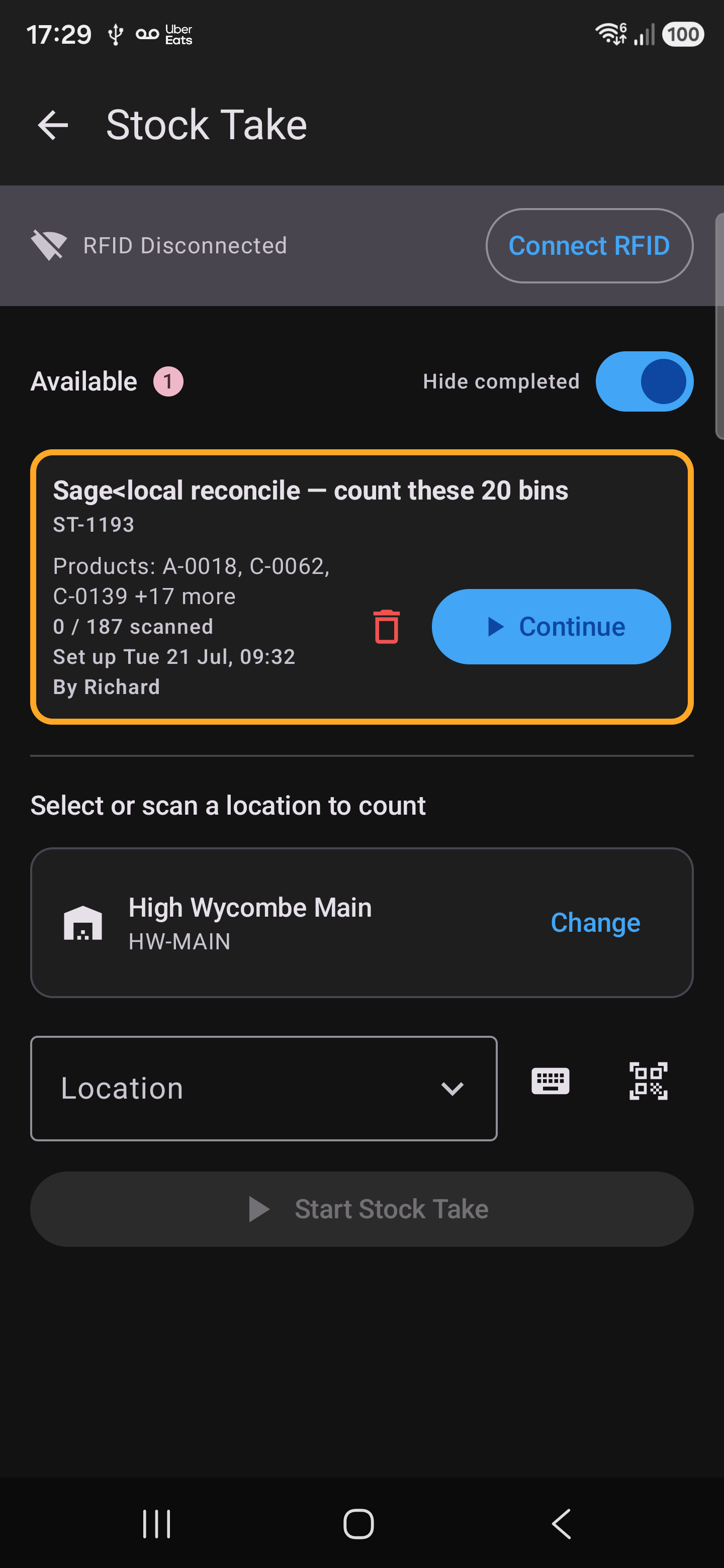 Gun app stock take screen with warehouse and location pickers, ready to start counting a single bay