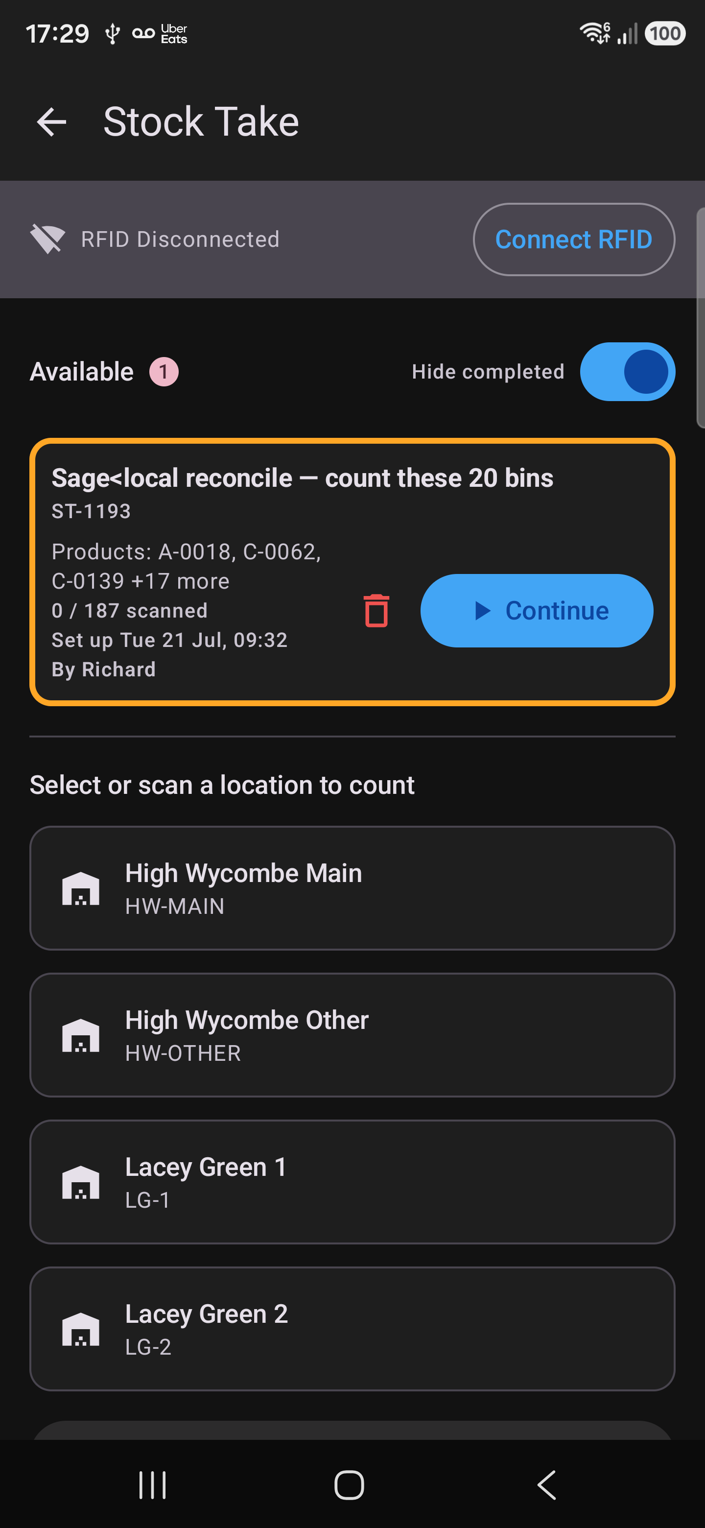 Gun app Stock Take screen showing an office-set reconcile task covering twenty bins, and a list of warehouses to count