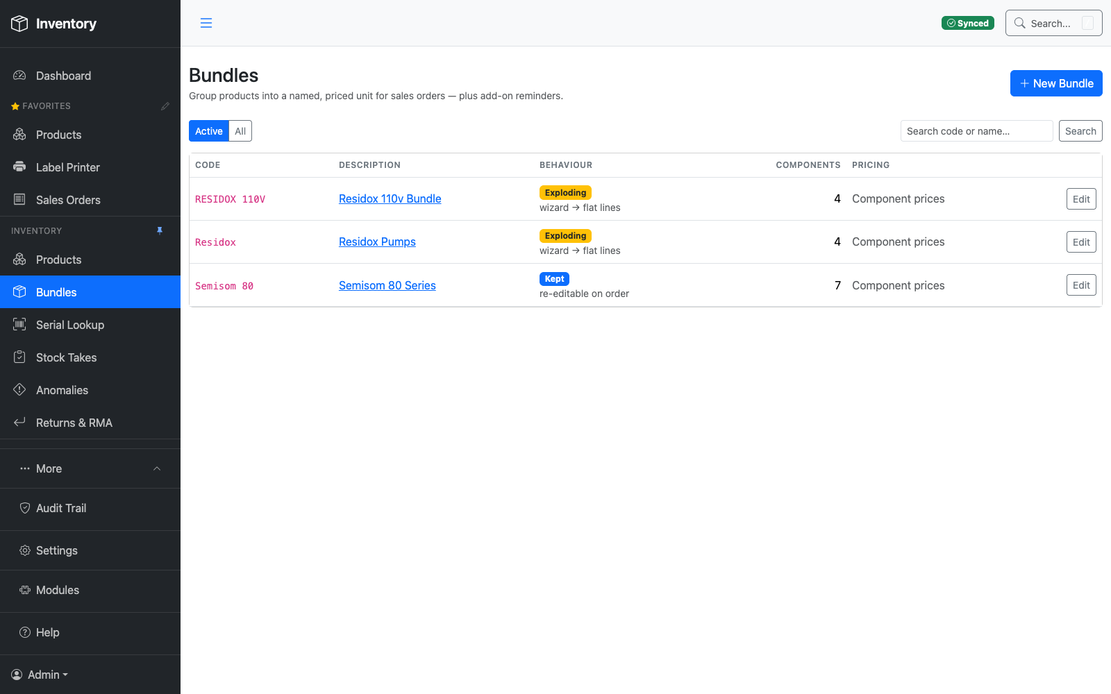 Bundles screen showing named product bundles with exploding or kept behaviour and component counts