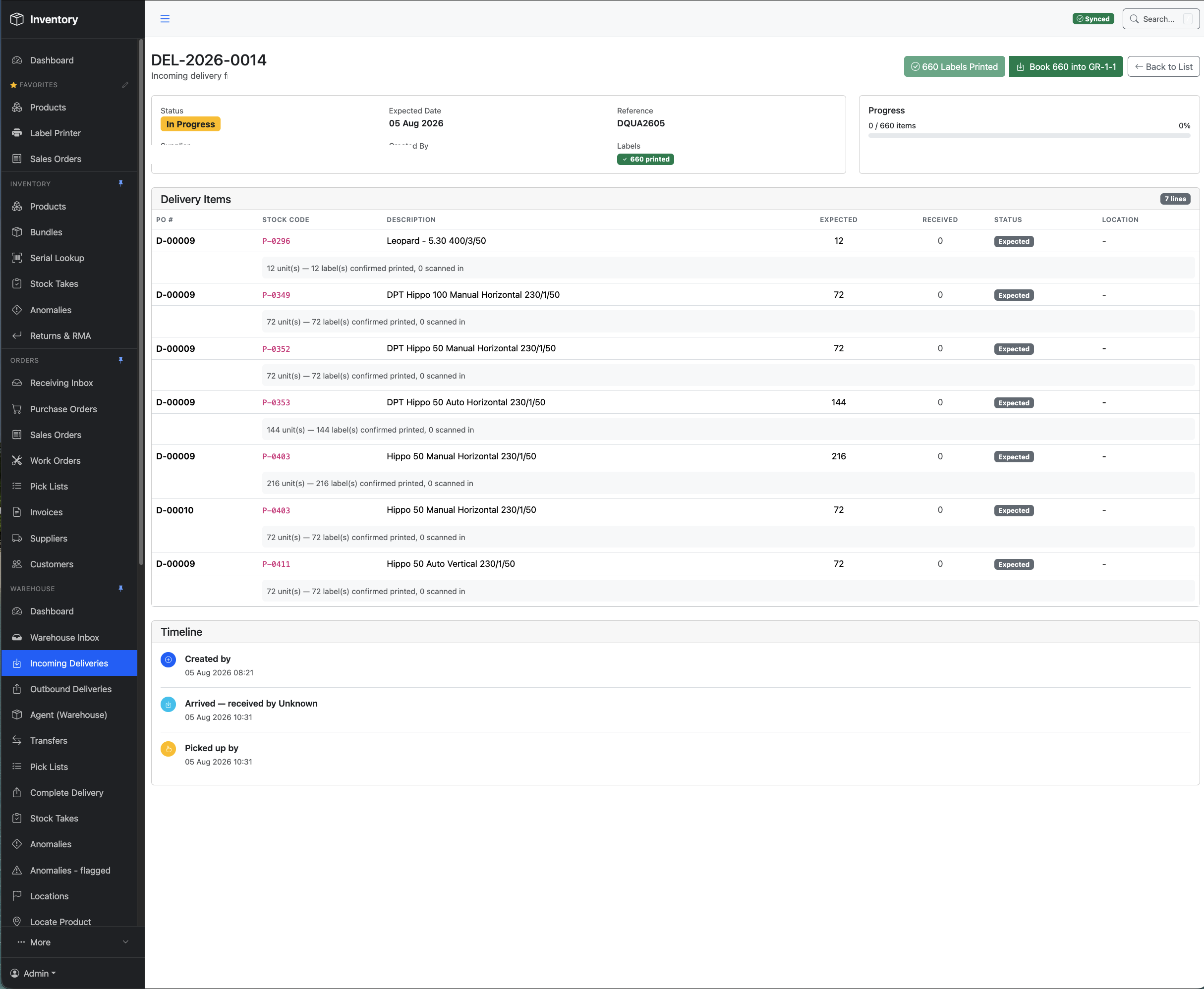Incoming Delivery detail page showing a 660-unit delivery from a supplier, with per-line label printing confirmation and a timeline of receipt events