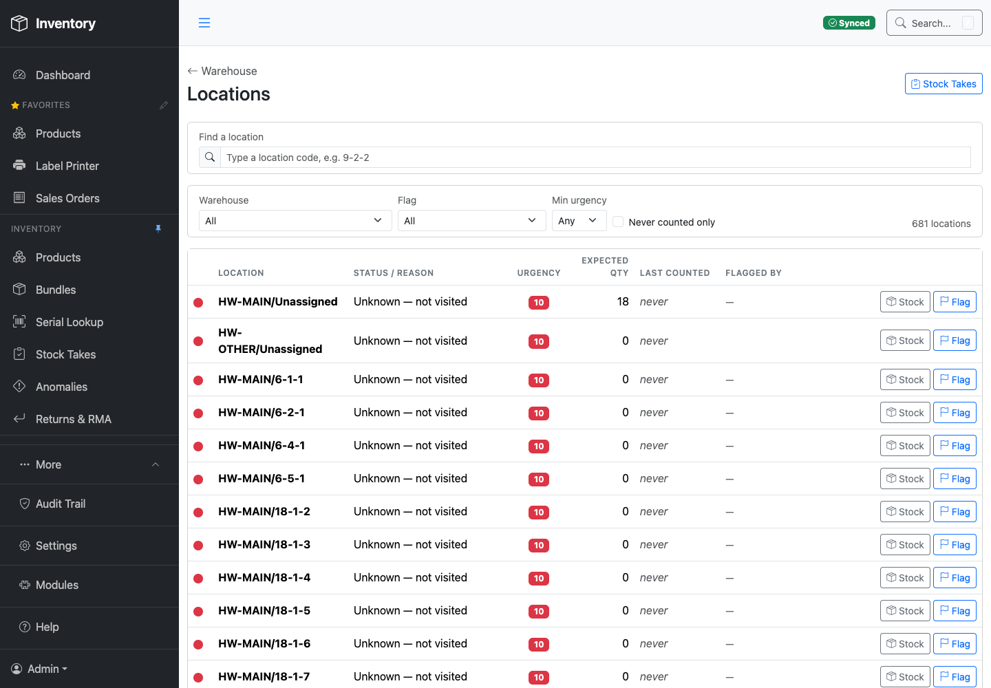 Locations status screen listing 681 warehouse locations with a coloured status dot, status and reason, urgency score, expected quantity, when last counted, who flagged it, and per-row Stock and Flag buttons