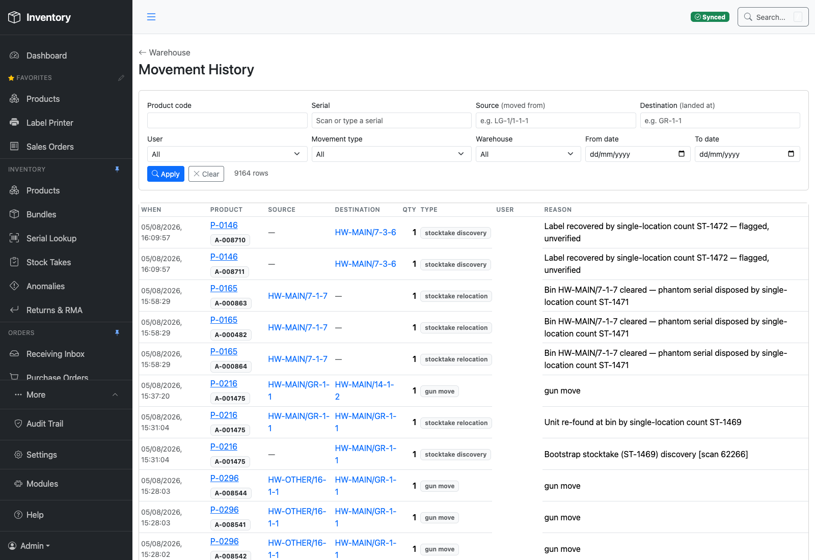 Movement History screen filtered by product code, serial, source bin, destination bin, user, movement type, warehouse and date range, listing 9,164 movement rows each showing the product, its individual serial, the bin it left, the bin it landed in and why
