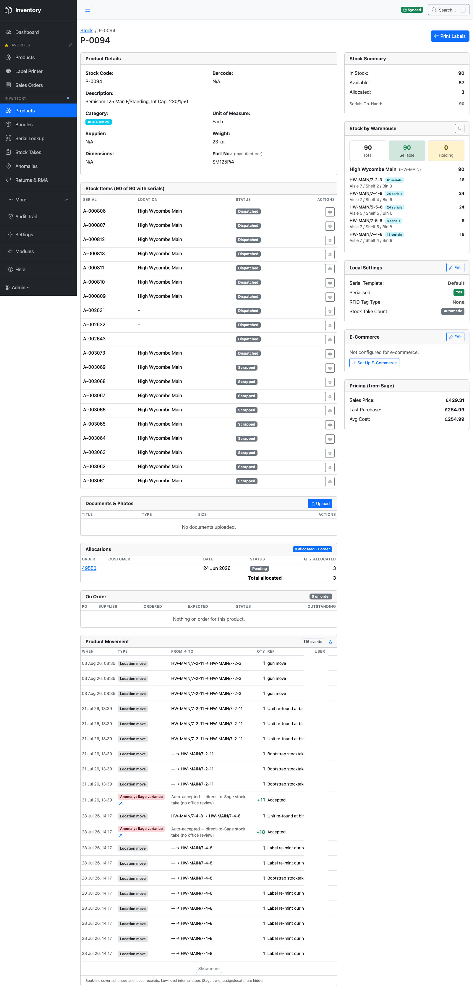 Product detail page for P-0094 showing stock by warehouse, stock items with serials and status, and a full product movement timeline