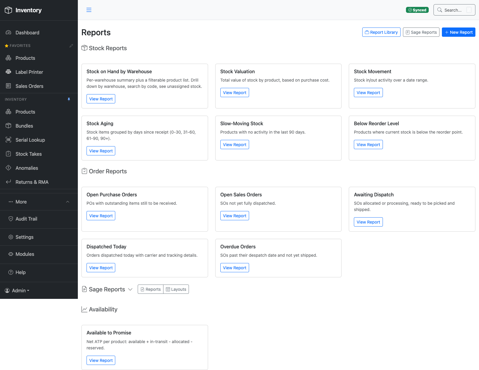 Reports index page listing stock and order reports including stock valuation, slow-moving stock, open purchase orders and awaiting dispatch
