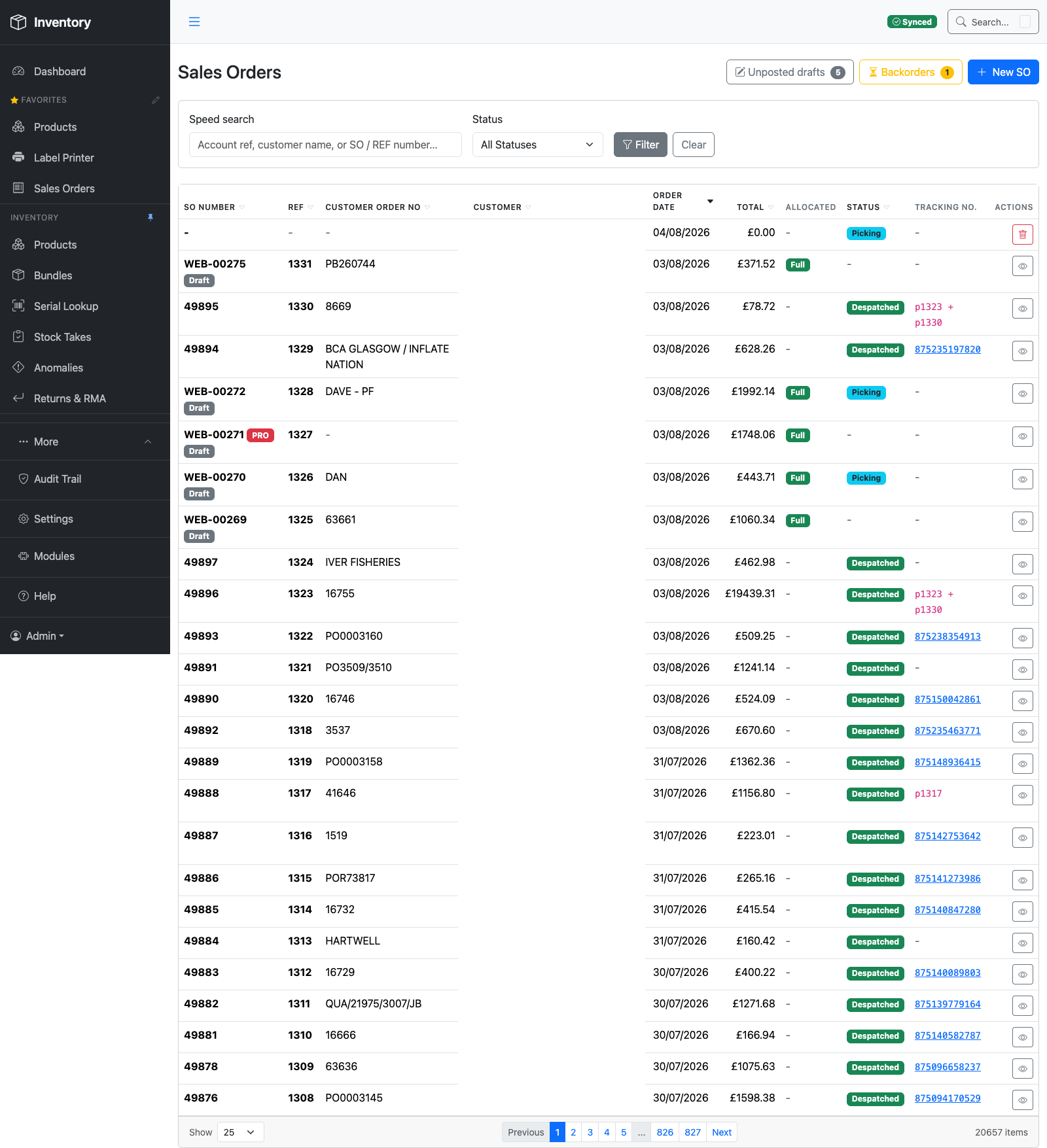 Sales Orders list showing order numbers, references, order dates, totals and dispatch status with courier tracking numbers