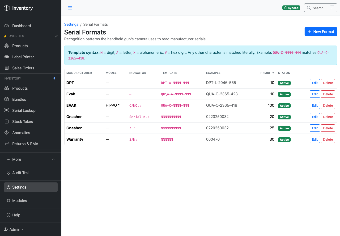 Serial Formats settings screen listing recognition patterns per manufacturer, each with an indicator, a template of the serial's shape, a worked example, a priority and an active status