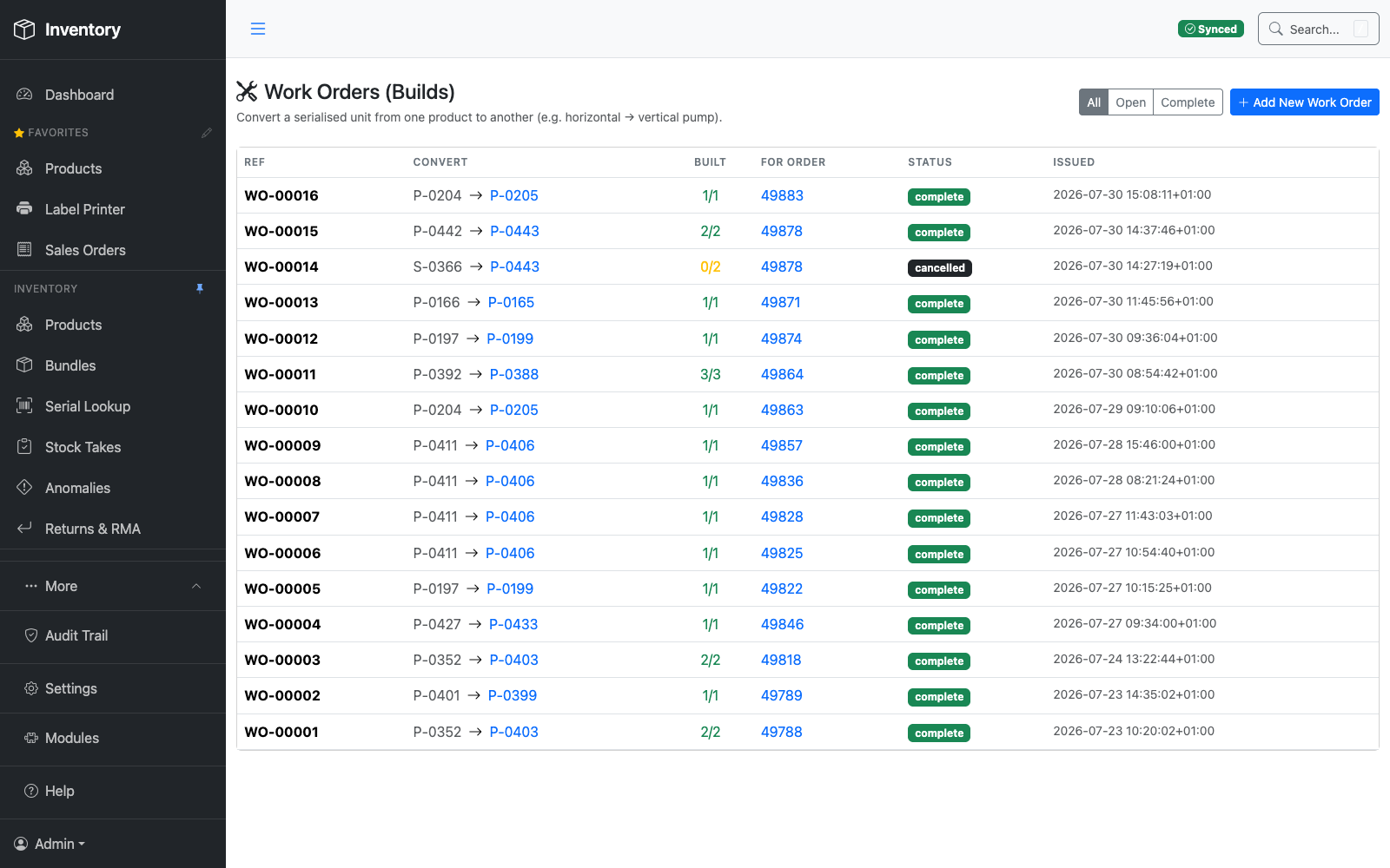 Work Orders screen listing builds that convert one serialised product into another, with build progress and status