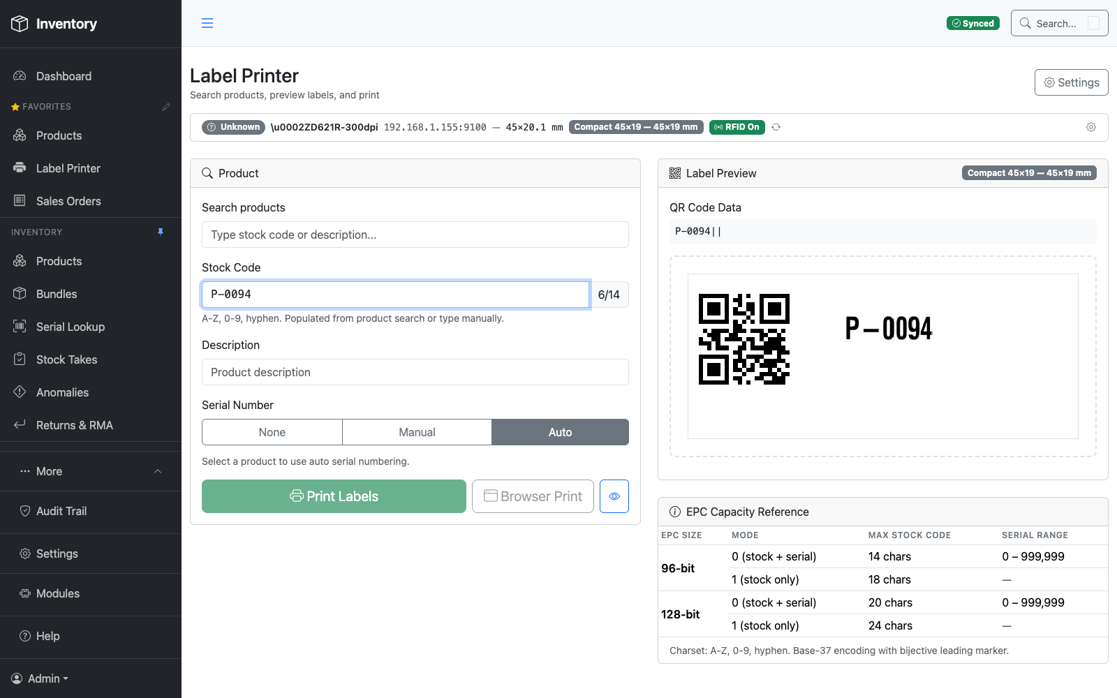 Label Printer screen showing a Zebra ZD621R detected with RFID On, live QR label preview, and an EPC capacity reference table